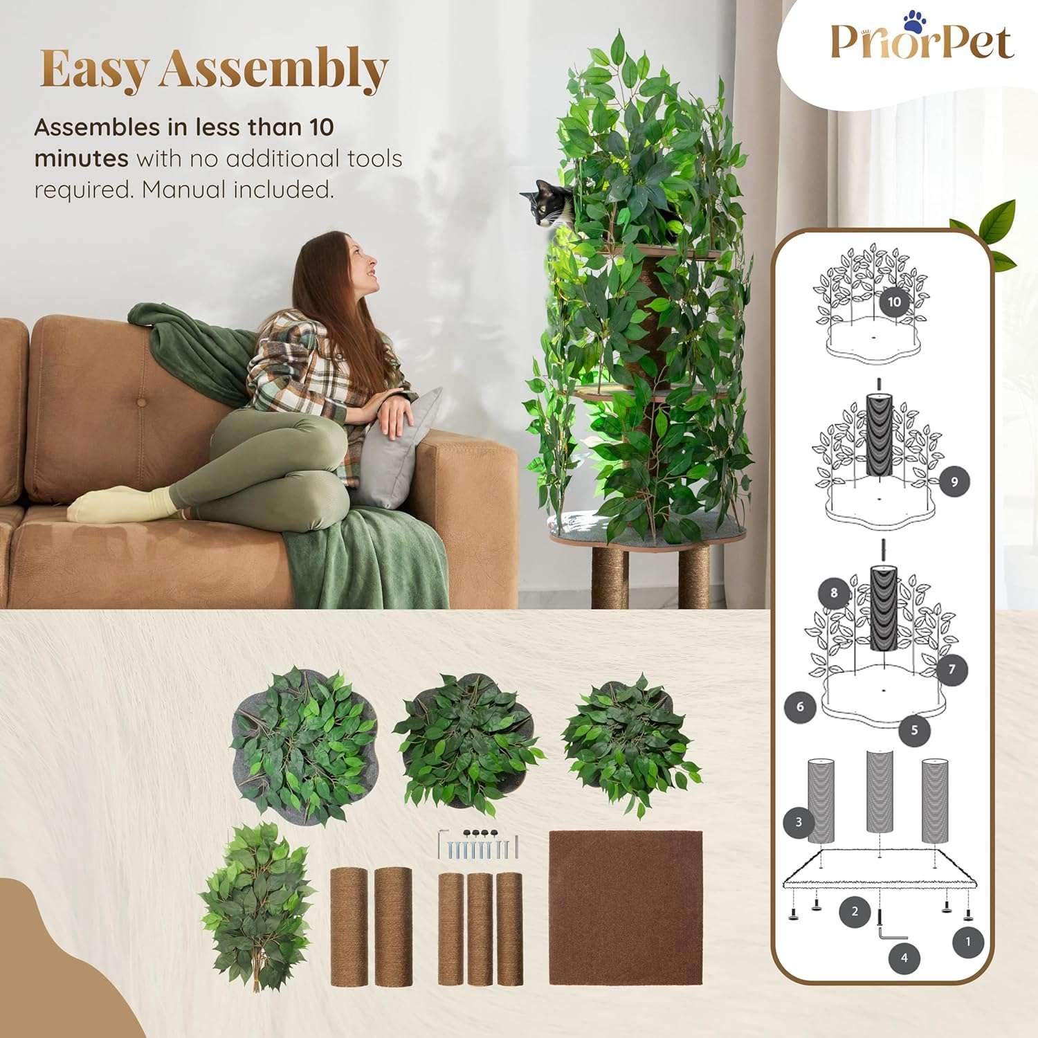 Árbol rascador de gatos grande con diseño de hojas, 160 cm de altura y base 57x57 cm. Estructura de triple estabilidad ideal para gatos activos.