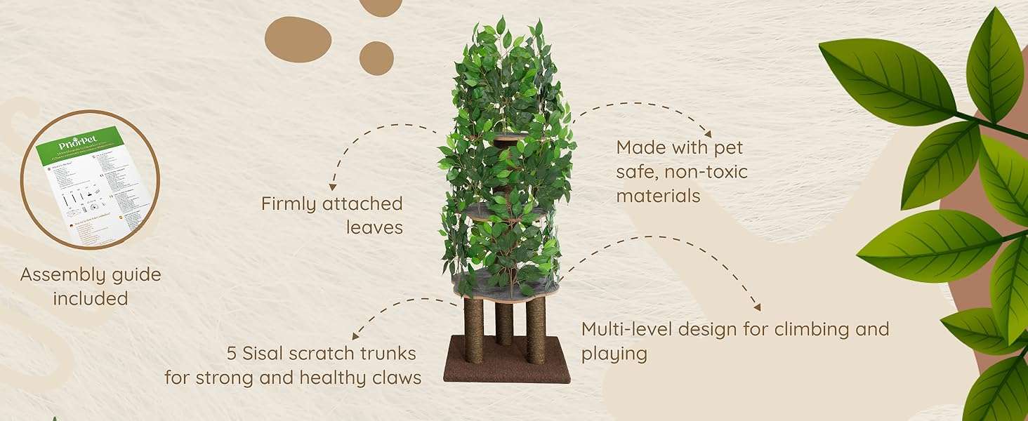 Árbol rascador de gatos grande con diseño de hojas, 160 cm de altura y base 57x57 cm. Estructura de triple estabilidad ideal para gatos activos.