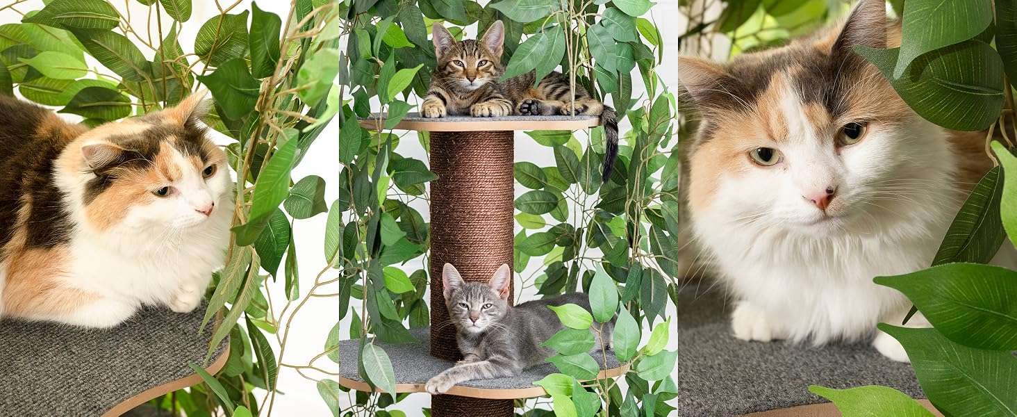 Árbol rascador de gatos grande con diseño de hojas, 160 cm de altura y base 57x57 cm. Estructura de triple estabilidad ideal para gatos activos.