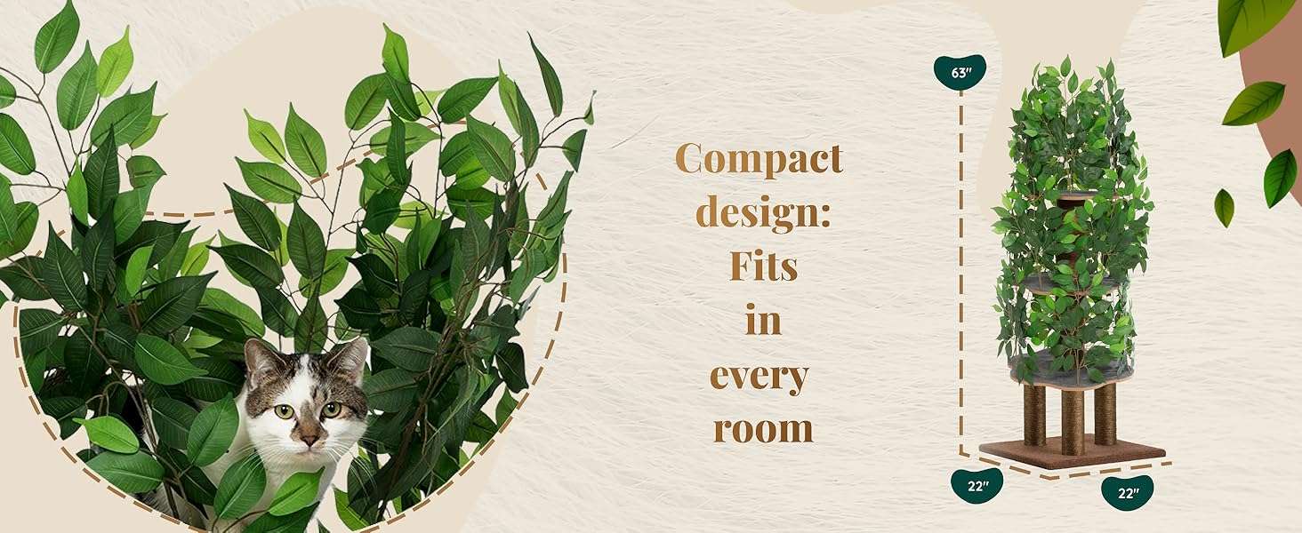 Árbol rascador de gatos grande con diseño de hojas, 160 cm de altura y base 57x57 cm. Estructura de triple estabilidad ideal para gatos activos.