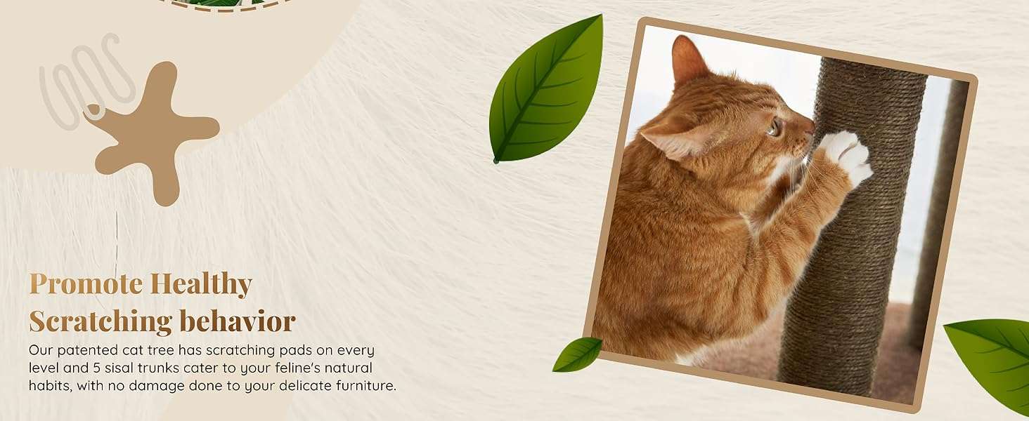 Árbol rascador de gatos grande con diseño de hojas, 160 cm de altura y base 57x57 cm. Estructura de triple estabilidad ideal para gatos activos.