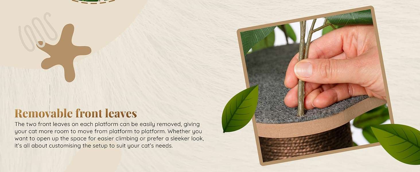 Árbol rascador de gatos grande con diseño de hojas, 160 cm de altura y base 57x57 cm. Estructura de triple estabilidad ideal para gatos activos.