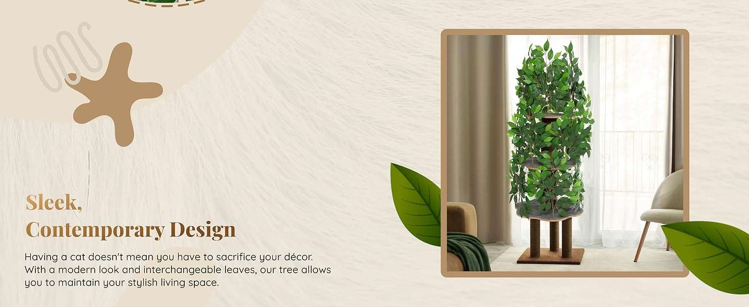 Árbol rascador de gatos grande con diseño de hojas, 160 cm de altura y base 57x57 cm. Estructura de triple estabilidad ideal para gatos activos.