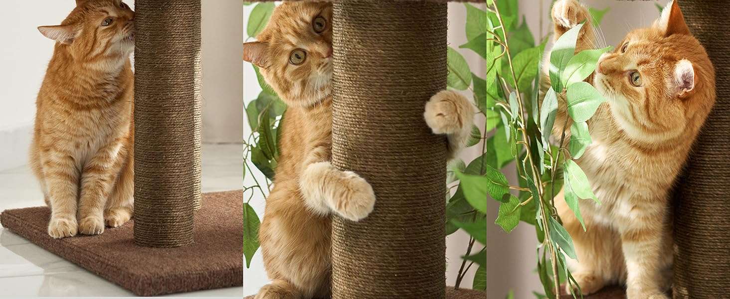 Árbol rascador de gatos grande con diseño de hojas, 160 cm de altura y base 57x57 cm. Estructura de triple estabilidad ideal para gatos activos.