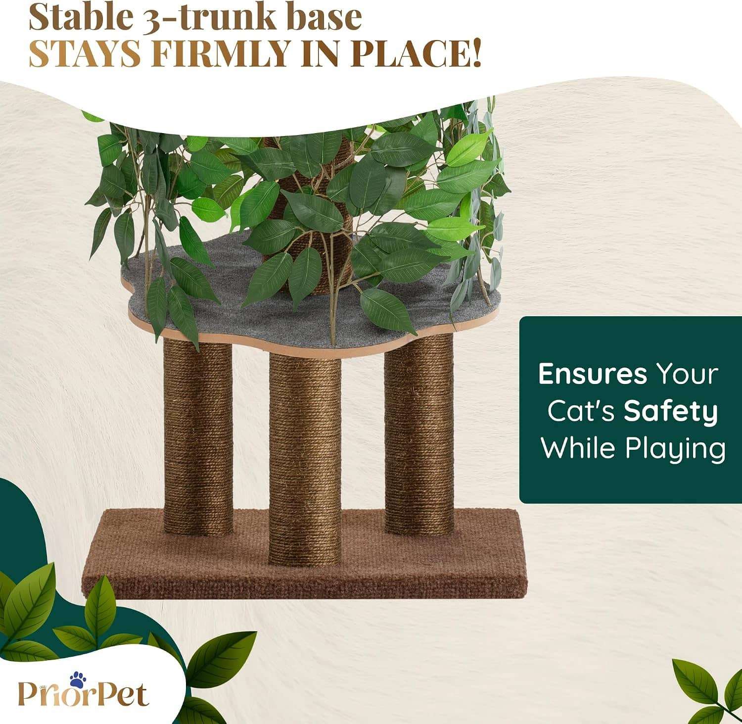 Árbol rascador de gatos grande con diseño de hojas, 160 cm de altura y base 57x57 cm. Estructura de triple estabilidad ideal para gatos activos.