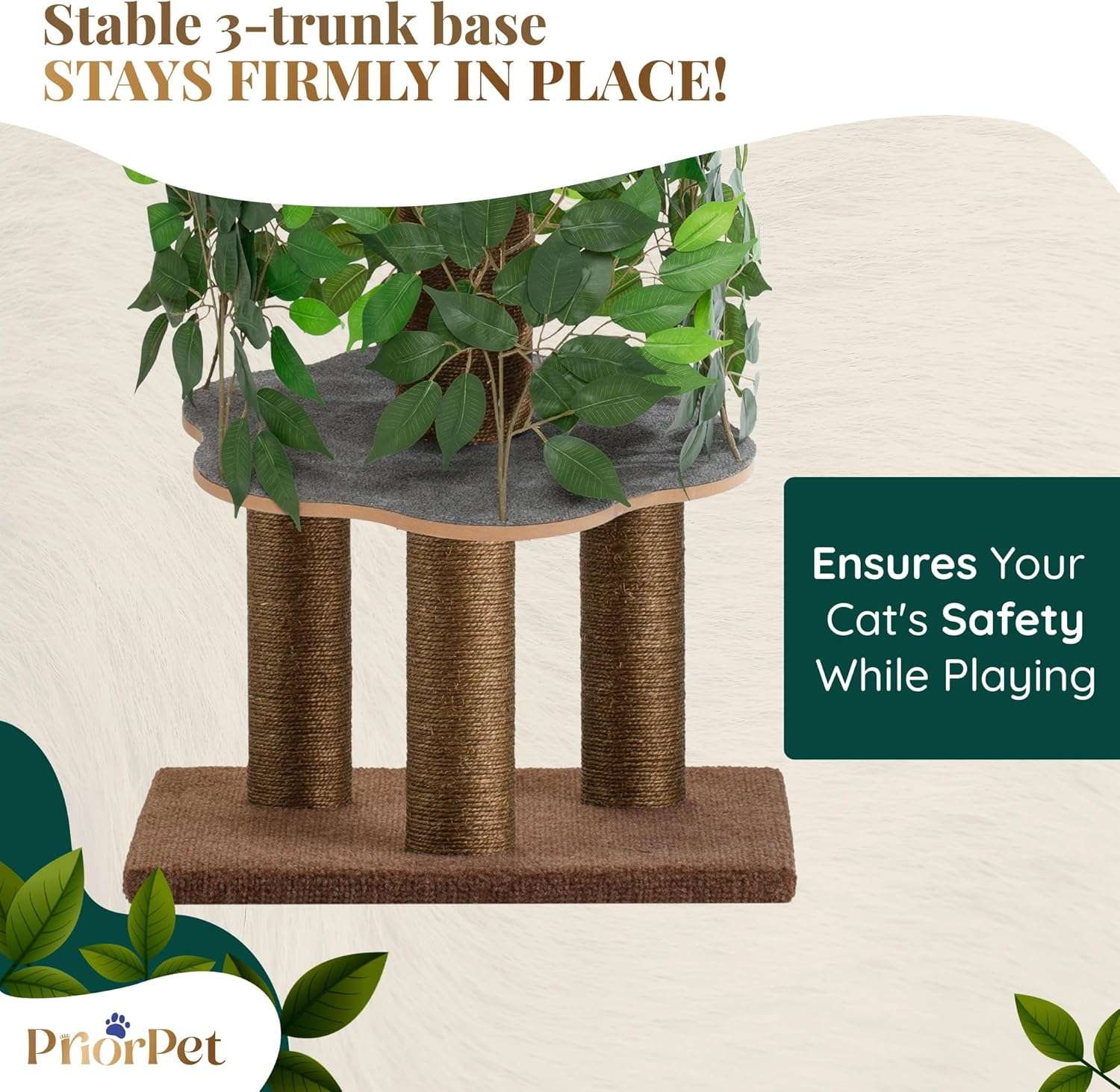 Árbol rascador de gatos grande con diseño de hojas, 160 cm de altura y base 57x57 cm. Estructura de triple estabilidad ideal para gatos activos.