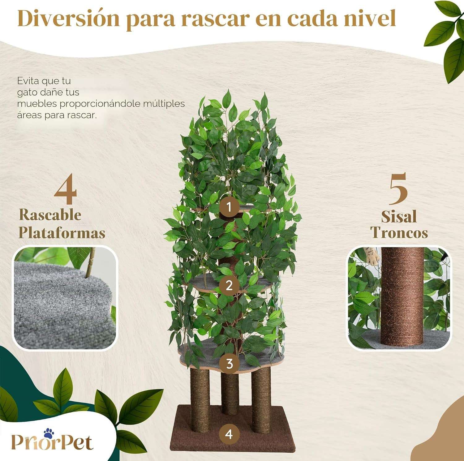 Árbol rascador de gatos grande con diseño de hojas, 160 cm de altura y base 57x57 cm. Estructura de triple estabilidad ideal para gatos activos.