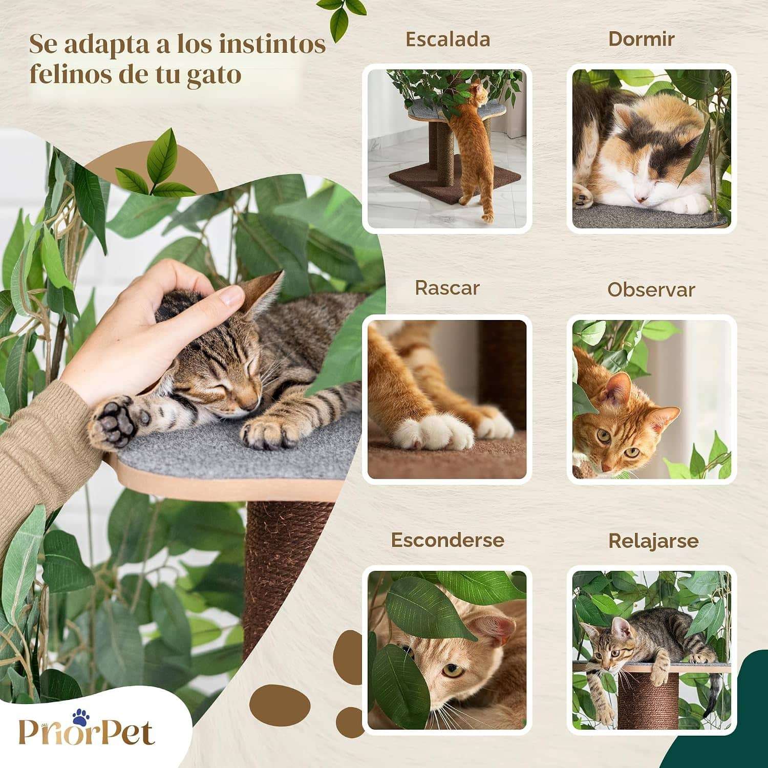 Árbol rascador de gatos grande con diseño de hojas, 160 cm de altura y base 57x57 cm. Estructura de triple estabilidad ideal para gatos activos.