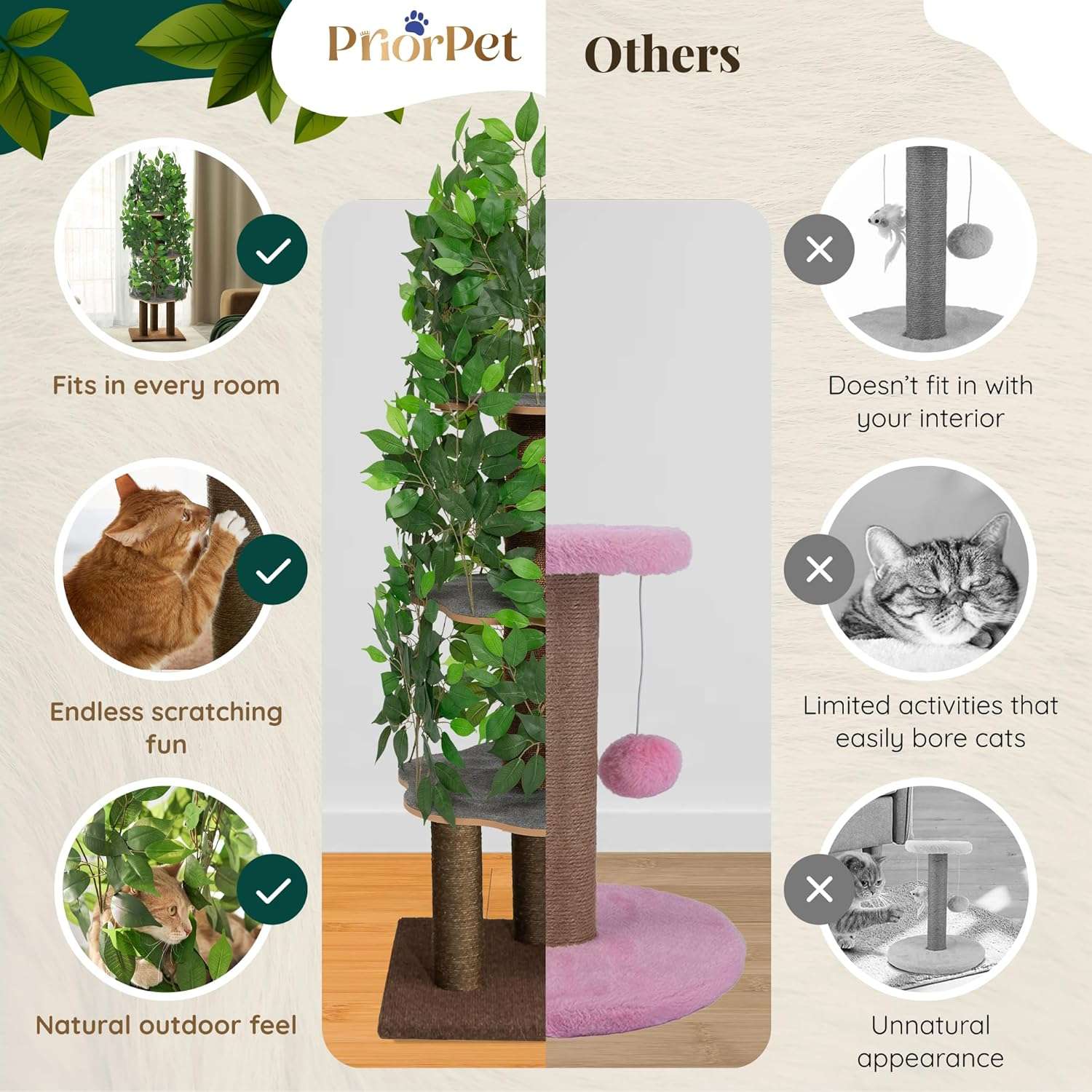 Árbol rascador de gatos grande con diseño de hojas, 160 cm de altura y base 57x57 cm. Estructura de triple estabilidad ideal para gatos activos.