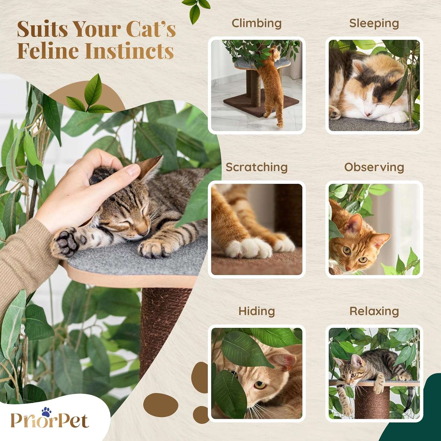 Árbol rascador de gatos grande con diseño de hojas, 160 cm de altura y base 57x57 cm. Estructura de triple estabilidad ideal para gatos activos.