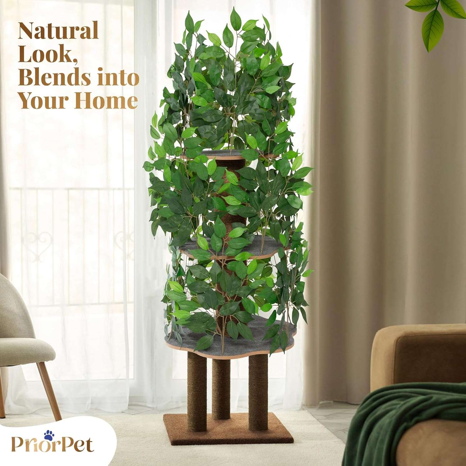 Árbol rascador de gatos grande con diseño de hojas, 160 cm de altura y base 57x57 cm. Estructura de triple estabilidad ideal para gatos activos.