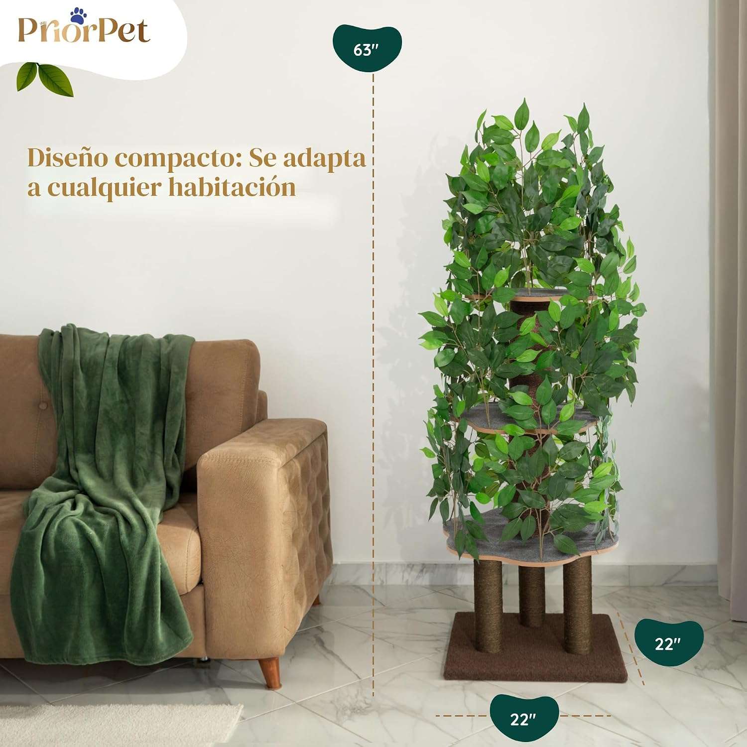 Árbol rascador de gatos grande con diseño de hojas, 160 cm de altura y base 57x57 cm. Estructura de triple estabilidad ideal para gatos activos.