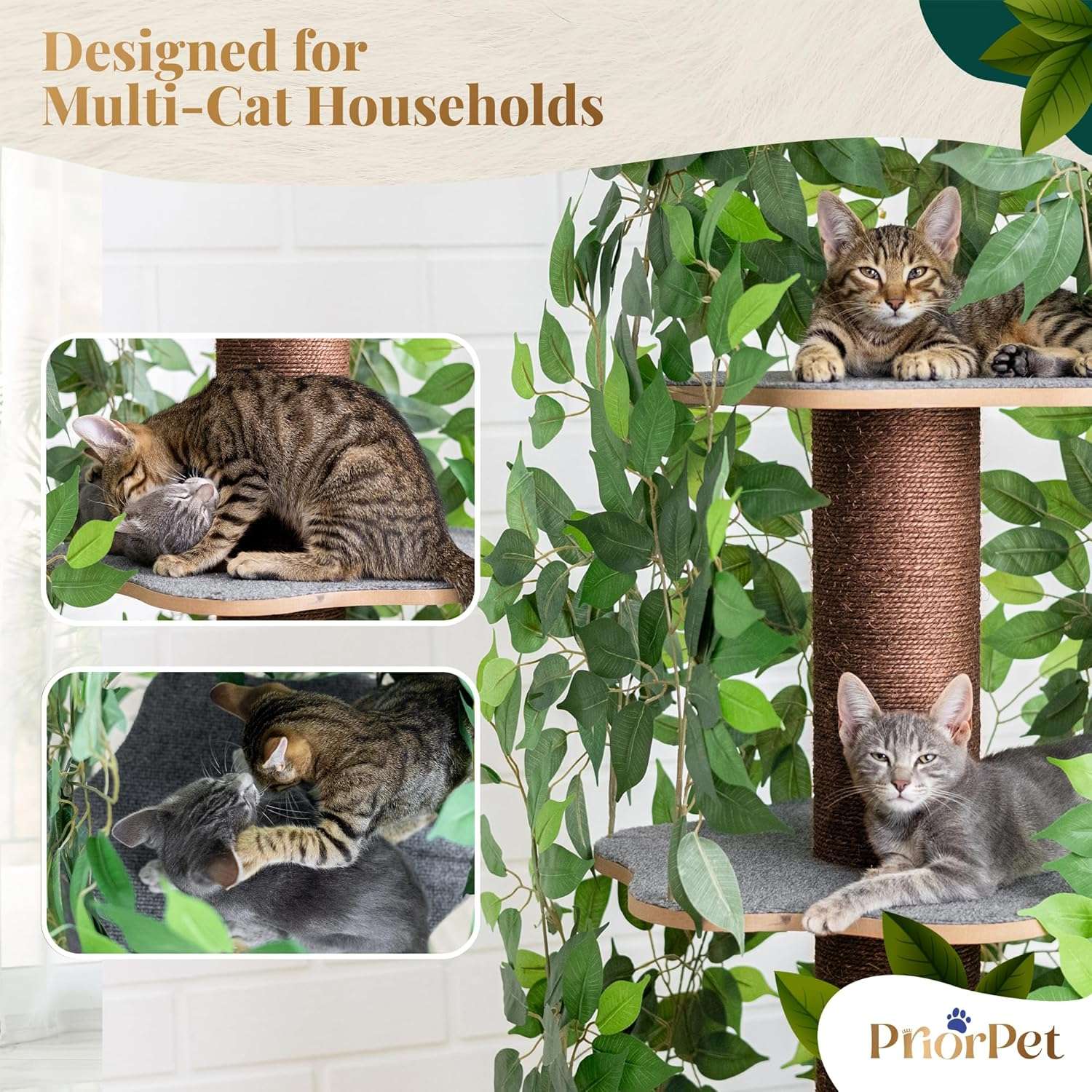 Árbol rascador de gatos grande con diseño de hojas, 160 cm de altura y base 57x57 cm. Estructura de triple estabilidad ideal para gatos activos.