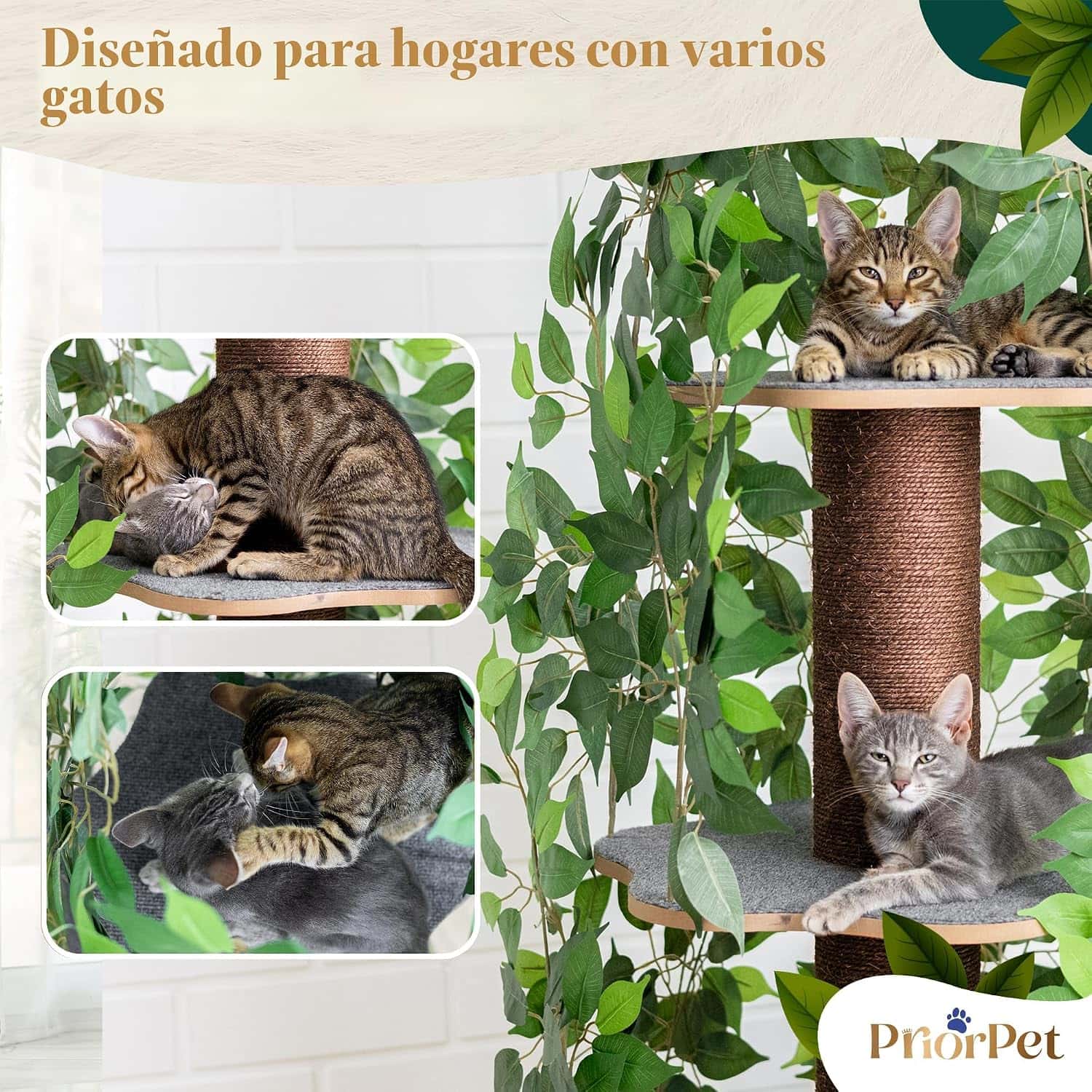 Árbol rascador de gatos grande con diseño de hojas, 160 cm de altura y base 57x57 cm. Estructura de triple estabilidad ideal para gatos activos.