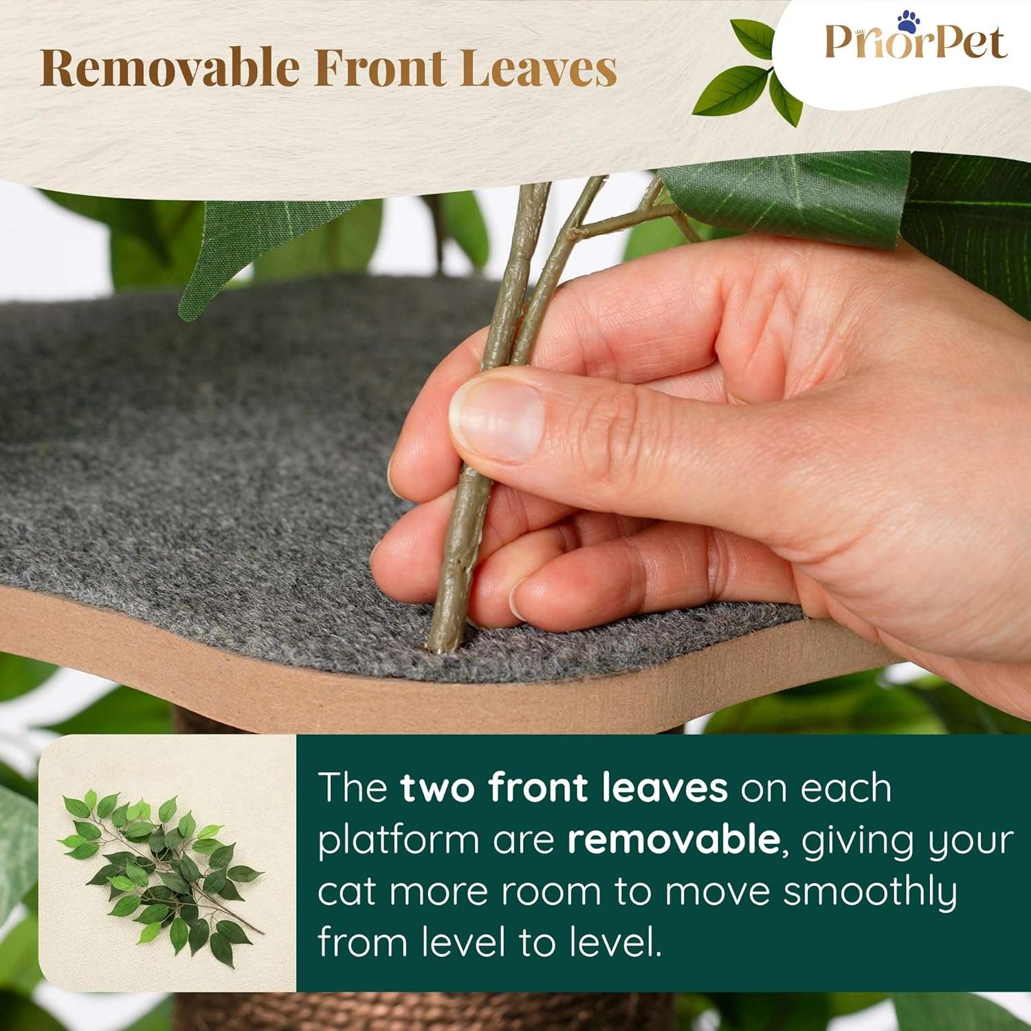 Árbol rascador de gatos grande con diseño de hojas, 160 cm de altura y base 57x57 cm. Estructura de triple estabilidad ideal para gatos activos.