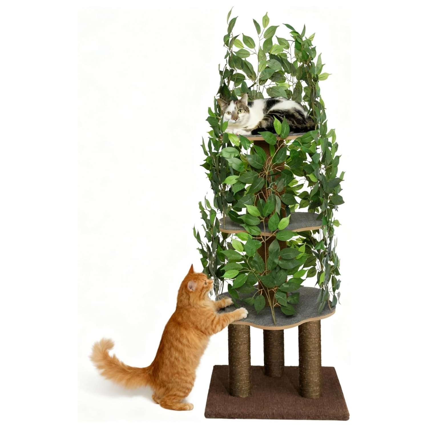 Árbol rascador de gatos grande con diseño de hojas, 160 cm de altura y base 57x57 cm. Estructura de triple estabilidad ideal para gatos activos.