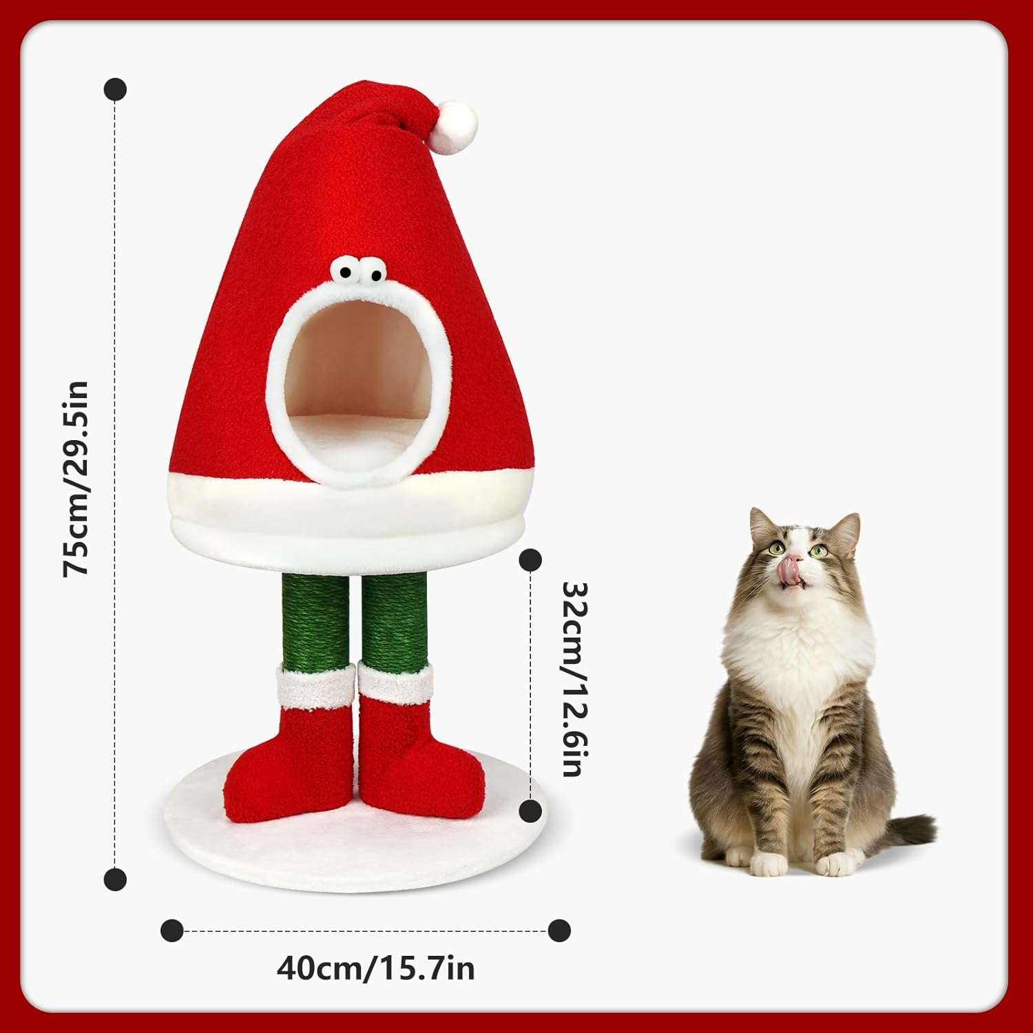 Rascador y cama 2 en 1 para gatos (75x40x32 cm). Poste de sisal natural, diseño navideño y cama de felpa cálida.