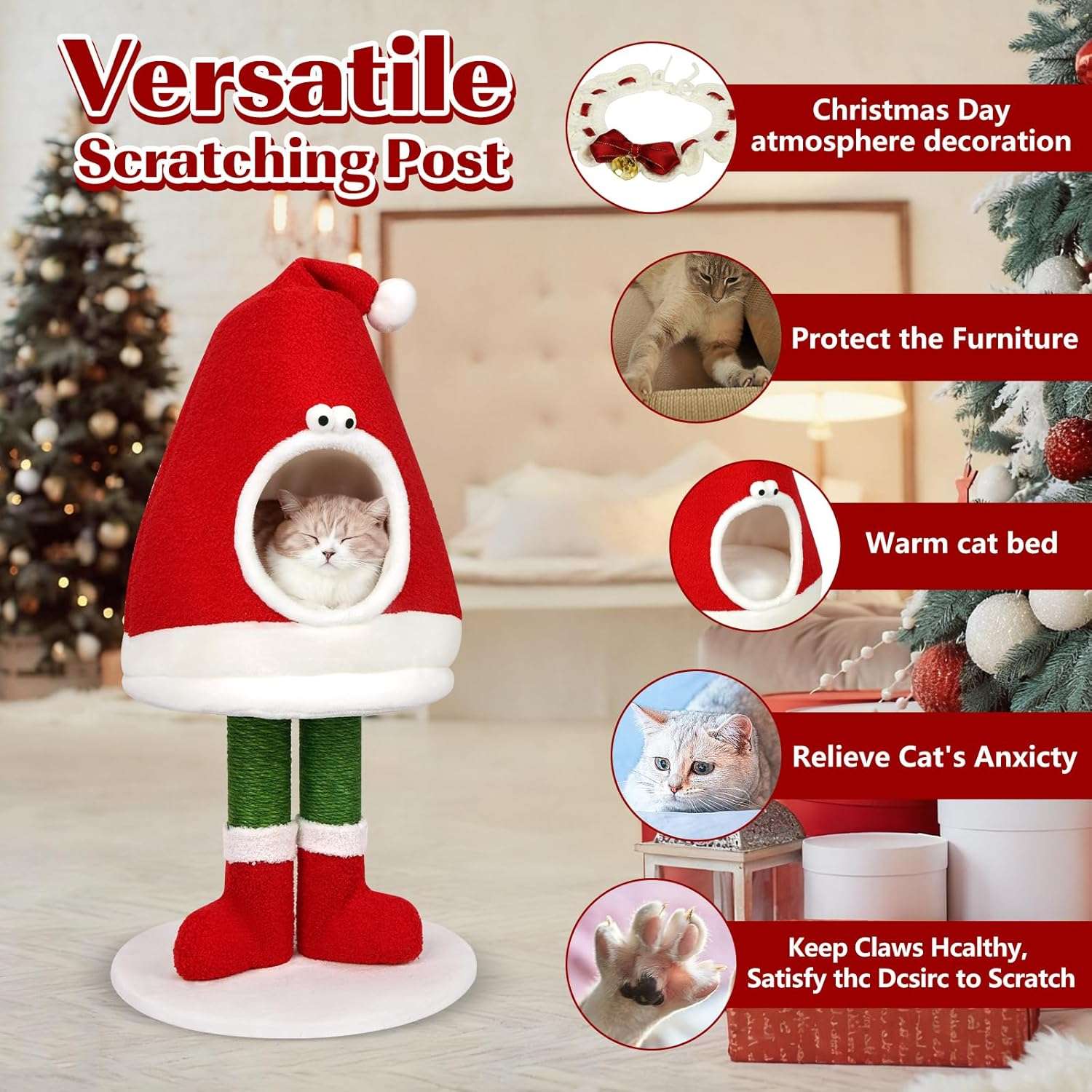 Rascador y cama 2 en 1 para gatos (75x40x32 cm). Poste de sisal natural, diseño navideño y cama de felpa cálida.