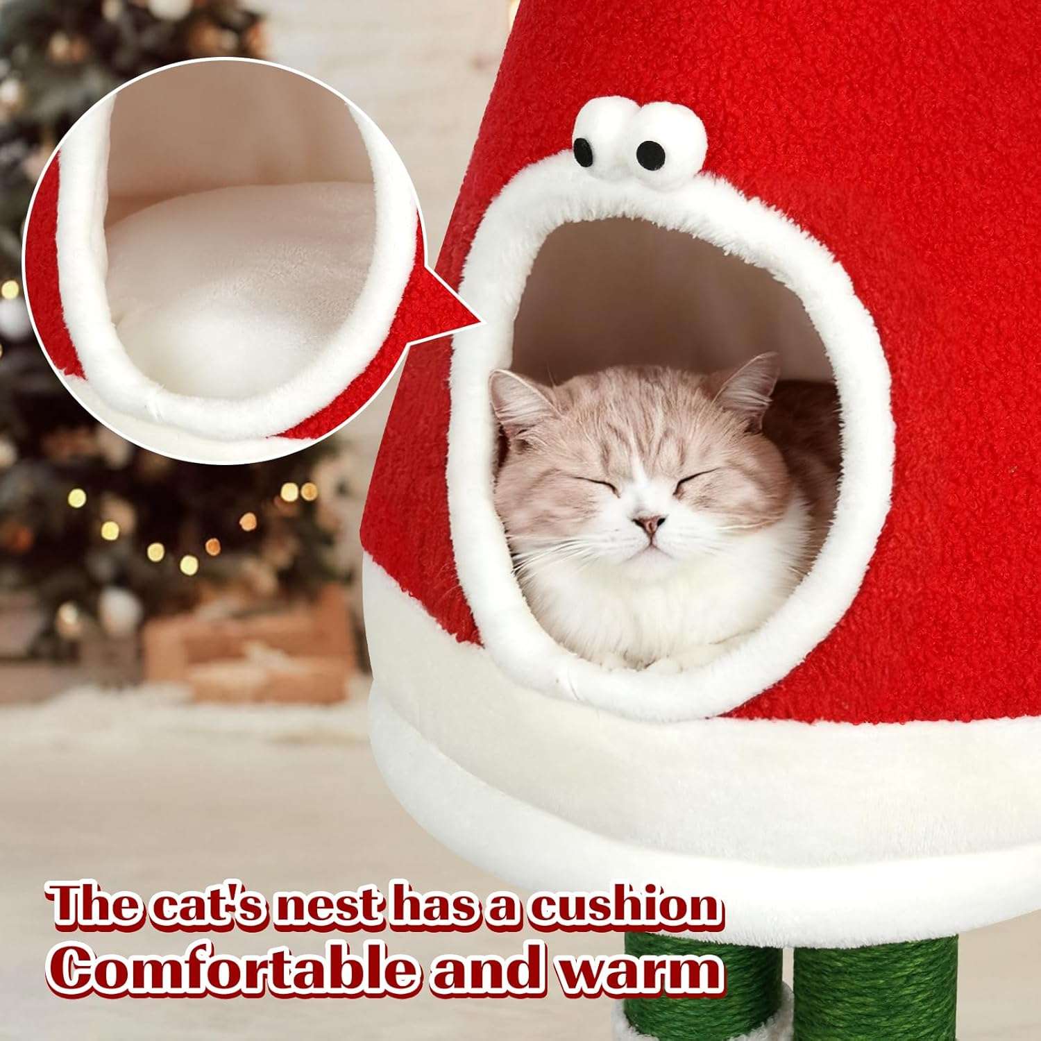 Rascador y cama 2 en 1 para gatos (75x40x32 cm). Poste de sisal natural, diseño navideño y cama de felpa cálida.
