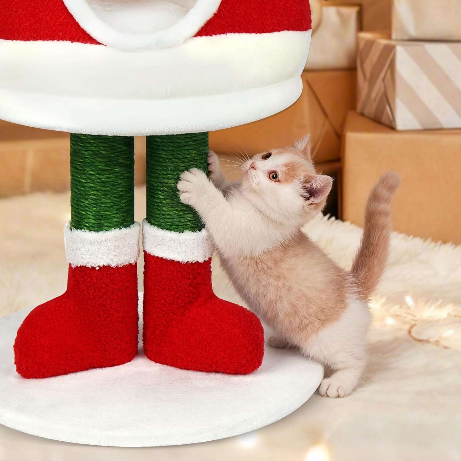 Rascador y cama 2 en 1 para gatos (75x40x32 cm). Poste de sisal natural, diseño navideño y cama de felpa cálida.