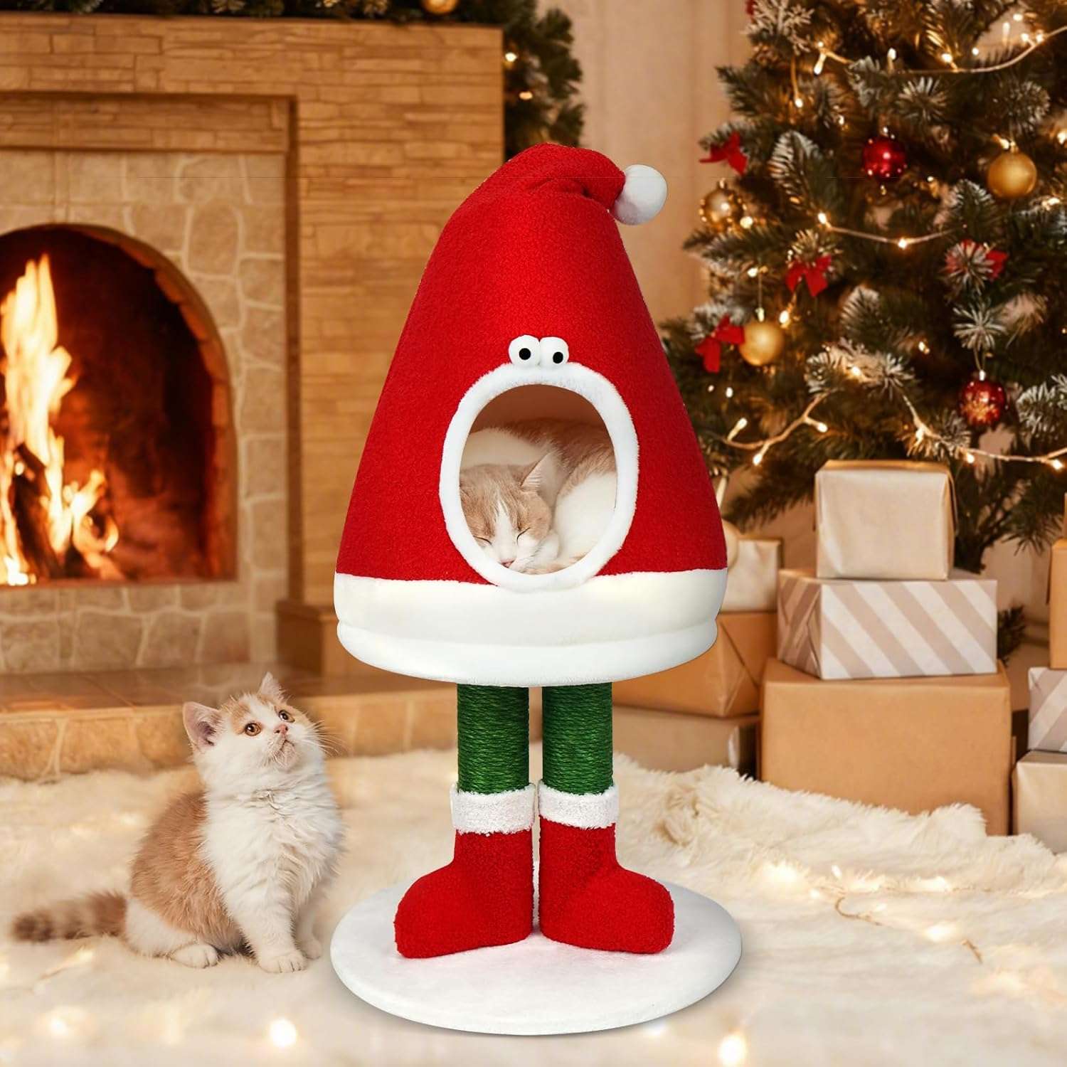 Rascador y cama 2 en 1 para gatos (75x40x32 cm). Poste de sisal natural, diseño navideño y cama de felpa cálida.