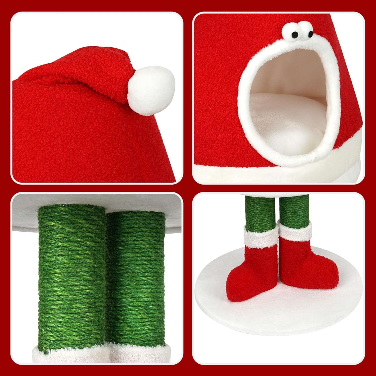 Rascador y cama 2 en 1 para gatos (75x40x32 cm). Poste de sisal natural, diseño navideño y cama de felpa cálida.