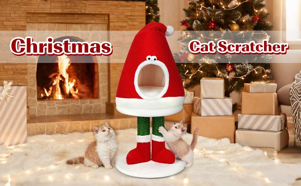 Rascador y cama 2 en 1 para gatos (75x40x32 cm). Poste de sisal natural, diseño navideño y cama de felpa cálida.