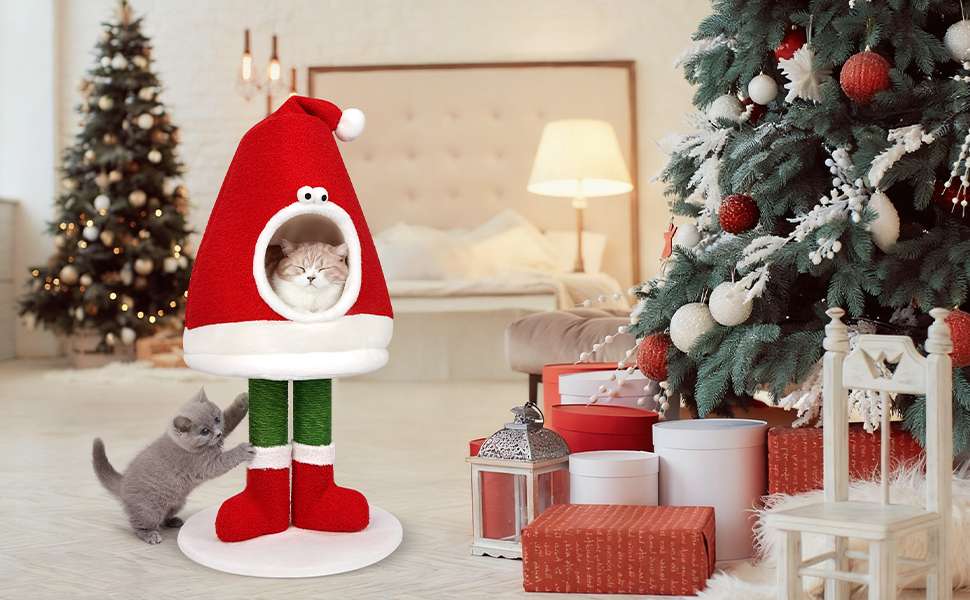Rascador y cama 2 en 1 para gatos (75x40x32 cm). Poste de sisal natural, diseño navideño y cama de felpa cálida.