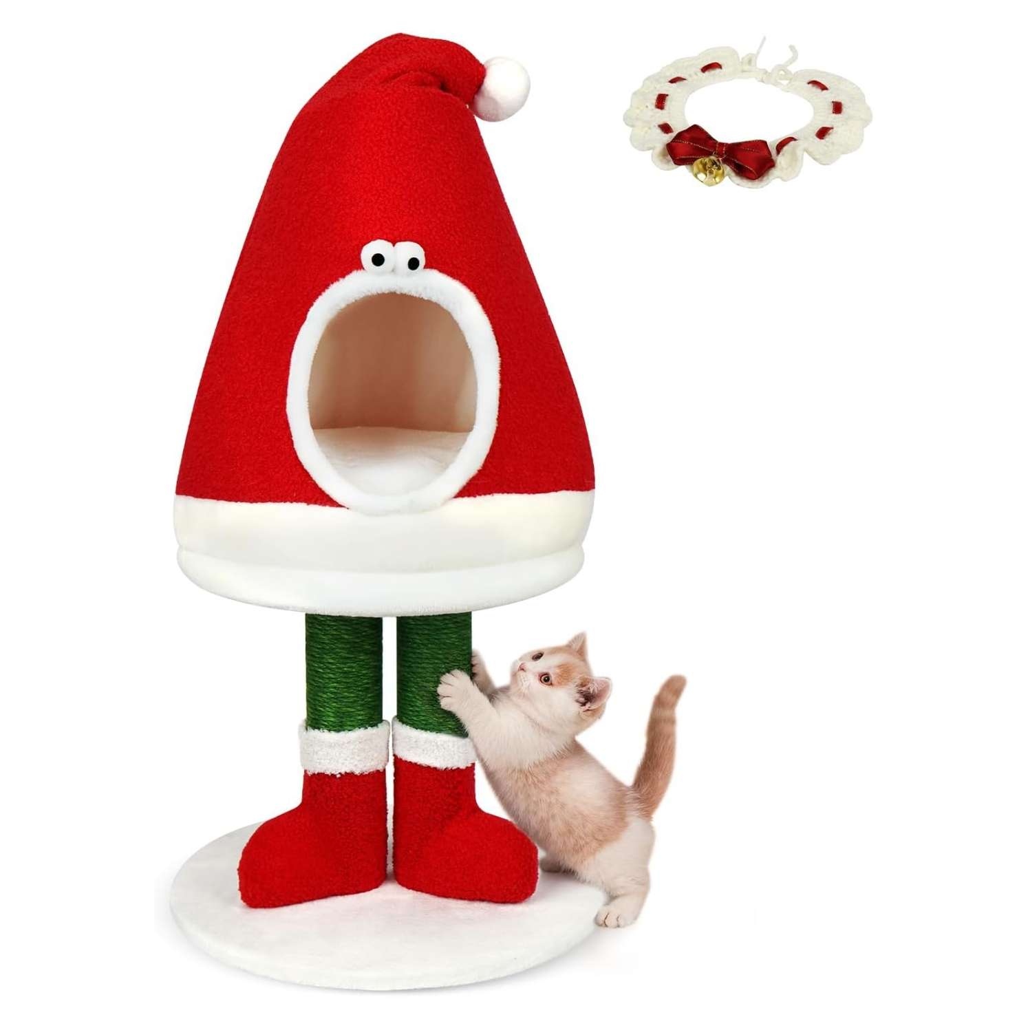 Rascador y cama 2 en 1 para gatos (75x40x32 cm). Poste de sisal natural, diseño navideño y cama de felpa cálida.