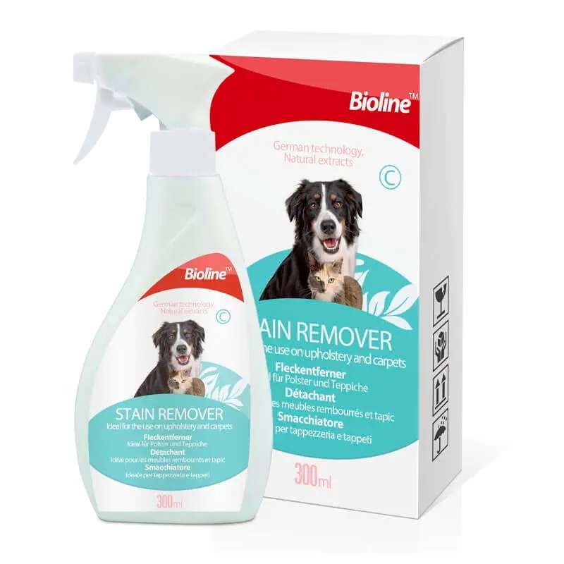 Removedor de Manchas Bioline 300ml. Limpiador con tecnología alemana para alfombras y tapicería, elimina manchas y olores de mascotas.