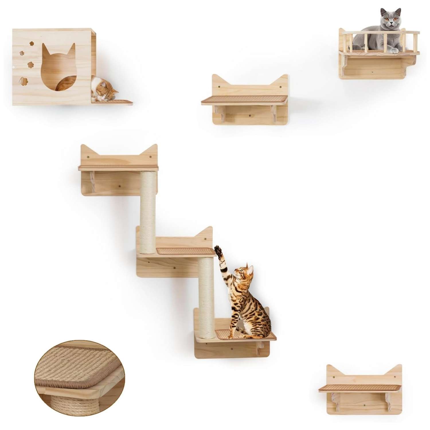 Set de 9 repisas de pared para gatos de madera de pino natural. Circuito de escalada resistente para gatos grandes y ahorro de espacio.