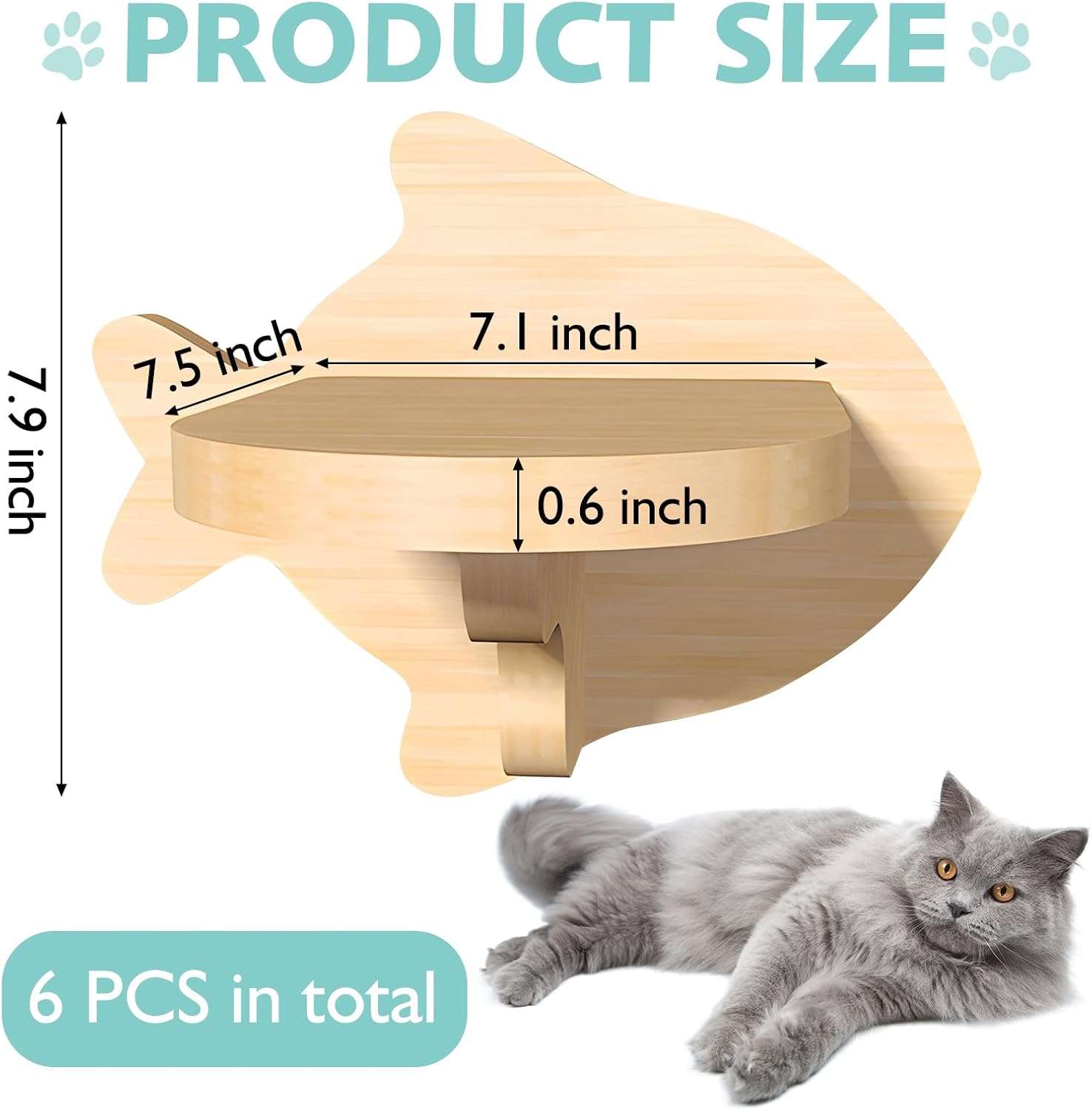 Set de 6 repisas de pared para gatos de 19 por 18 centimetros. Escalones de madera con forma de pez y fieltro.