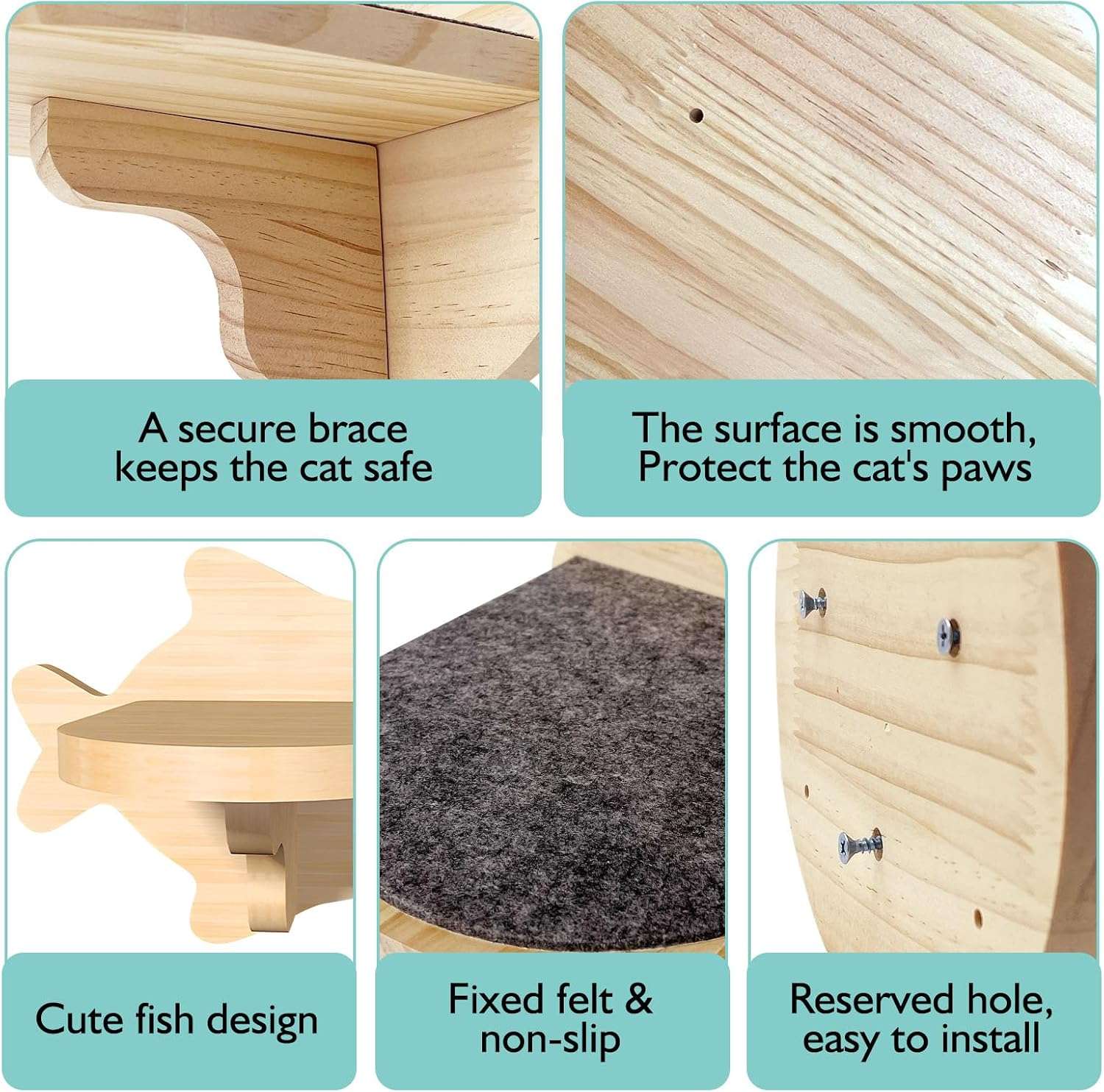 Set de 6 repisas de pared para gatos de 19 por 18 centimetros. Escalones de madera con forma de pez y fieltro.