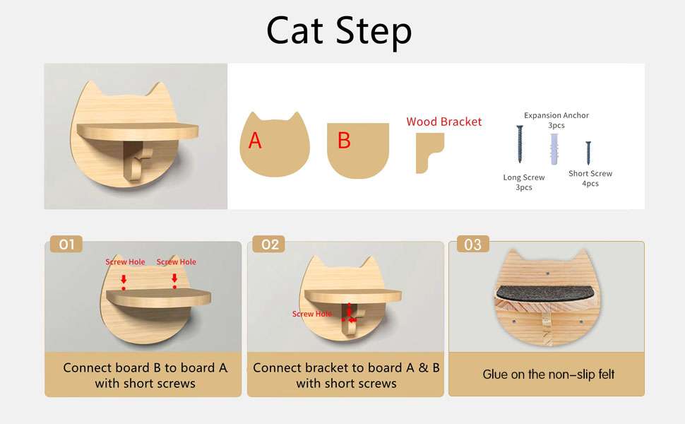 Set de 6 repisas de pared para gatos de 19 por 18 centimetros. Escalones de madera con forma de pez y fieltro.