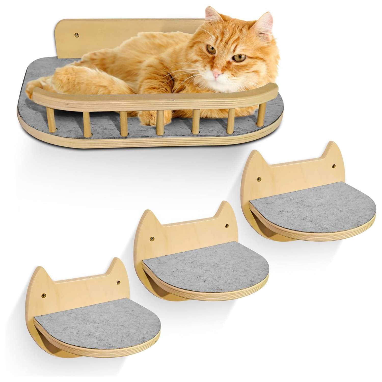 Set de repisas de pared para gatos de 25 por 20 centimetros. Madera negra resistente con cama y 3 escalones para gatos grandes.