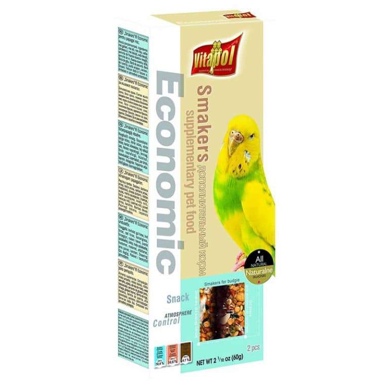 Snack Vitapol Smakers Economic para periquitos. Barra de semillas y granos (60 g) que fomenta el ejercicio y la nutrición en aves.