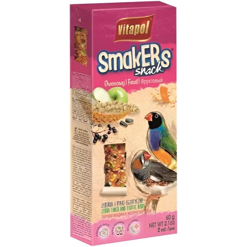 Snack Vitapol Smakers (60 g) para aves exóticas y Diamantes de Gould. Barras colgantes de semillas y frutas deshidratadas, ricas en vitaminas.