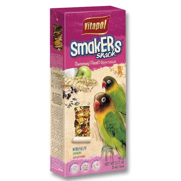Snack Vitapol Smakers Frutas (90 g) para agapornis y loros. Barras de semillas y frutas secas como naranja y manzana, ricas en vitaminas.