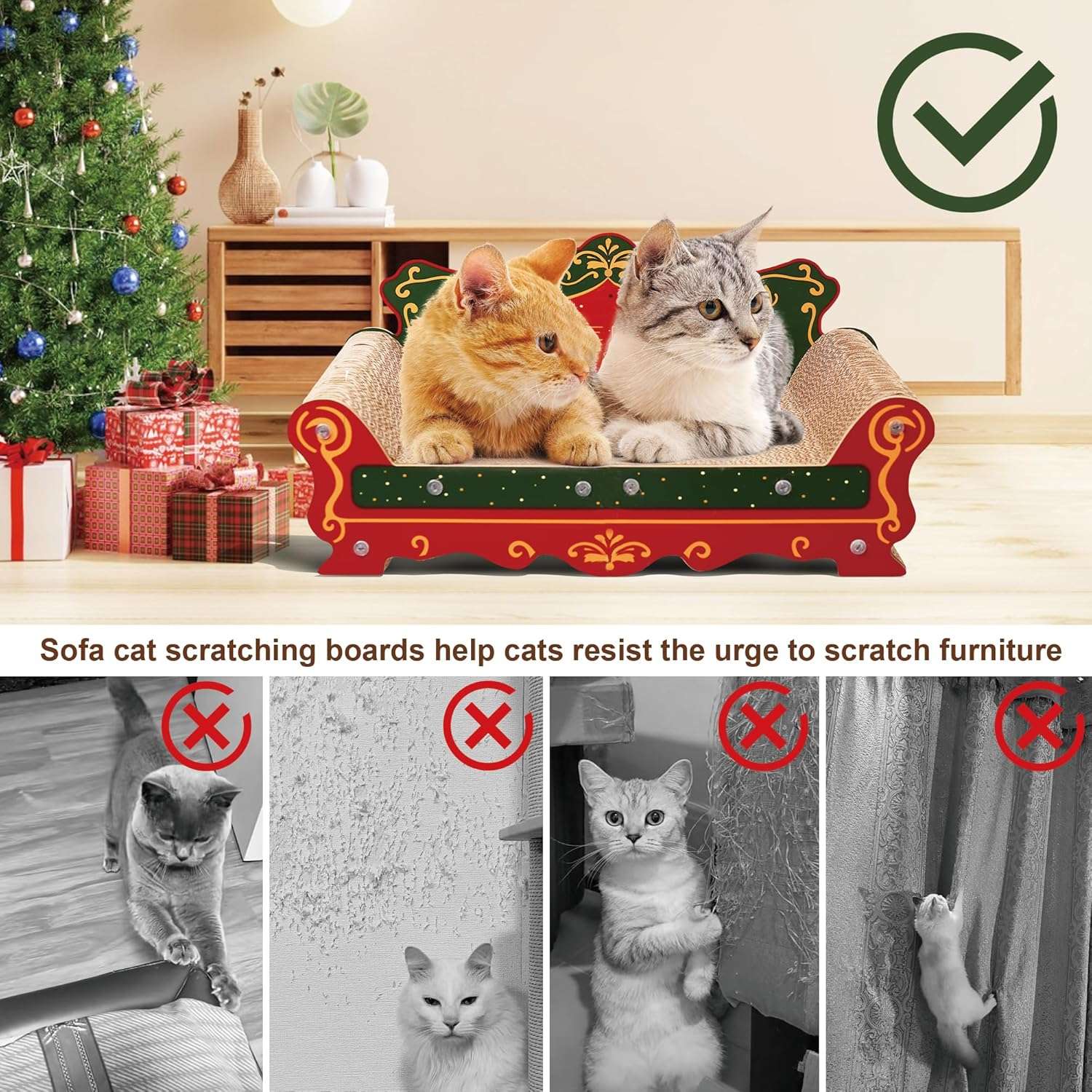Sofá rascador de cartón corrugado de alta densidad (58x31x27 cm). Diseño temático navideño para descanso y rascado.
