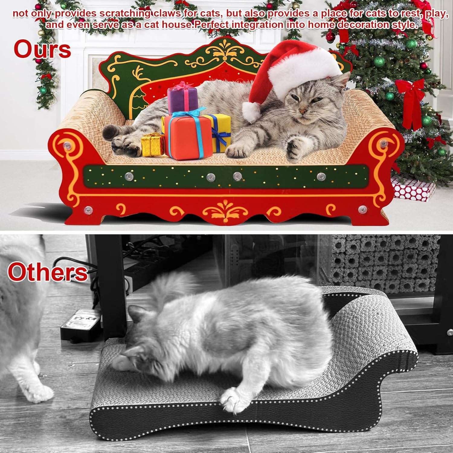 Sofá rascador de cartón corrugado de alta densidad (58x31x27 cm). Diseño temático navideño para descanso y rascado.