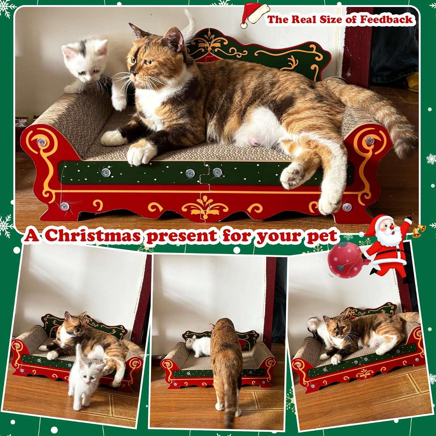 Sofá rascador de cartón corrugado de alta densidad (58x31x27 cm). Diseño temático navideño para descanso y rascado.