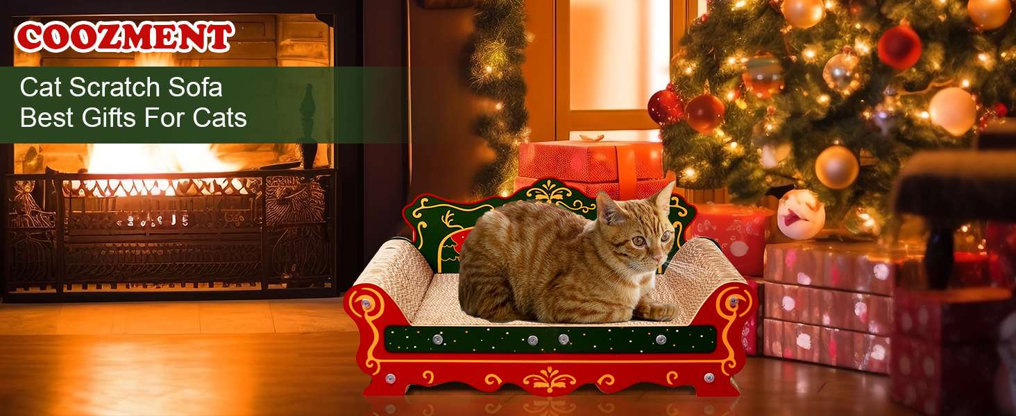 Sofá rascador de cartón corrugado de alta densidad (58x31x27 cm). Diseño temático navideño para descanso y rascado.