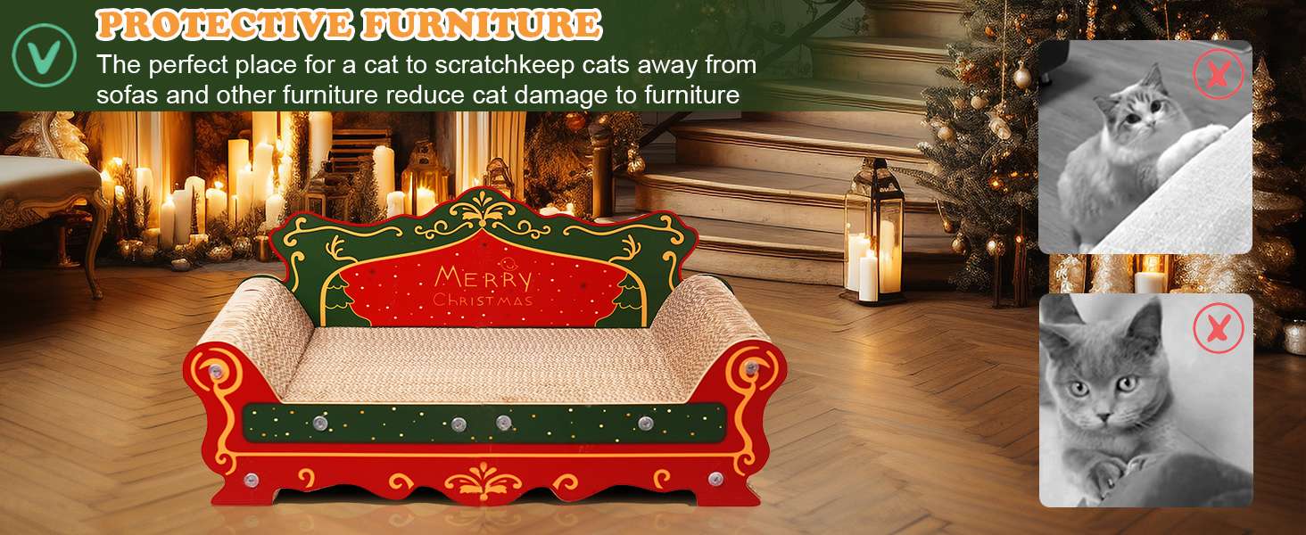 Sofá rascador de cartón corrugado de alta densidad (58x31x27 cm). Diseño temático navideño para descanso y rascado.