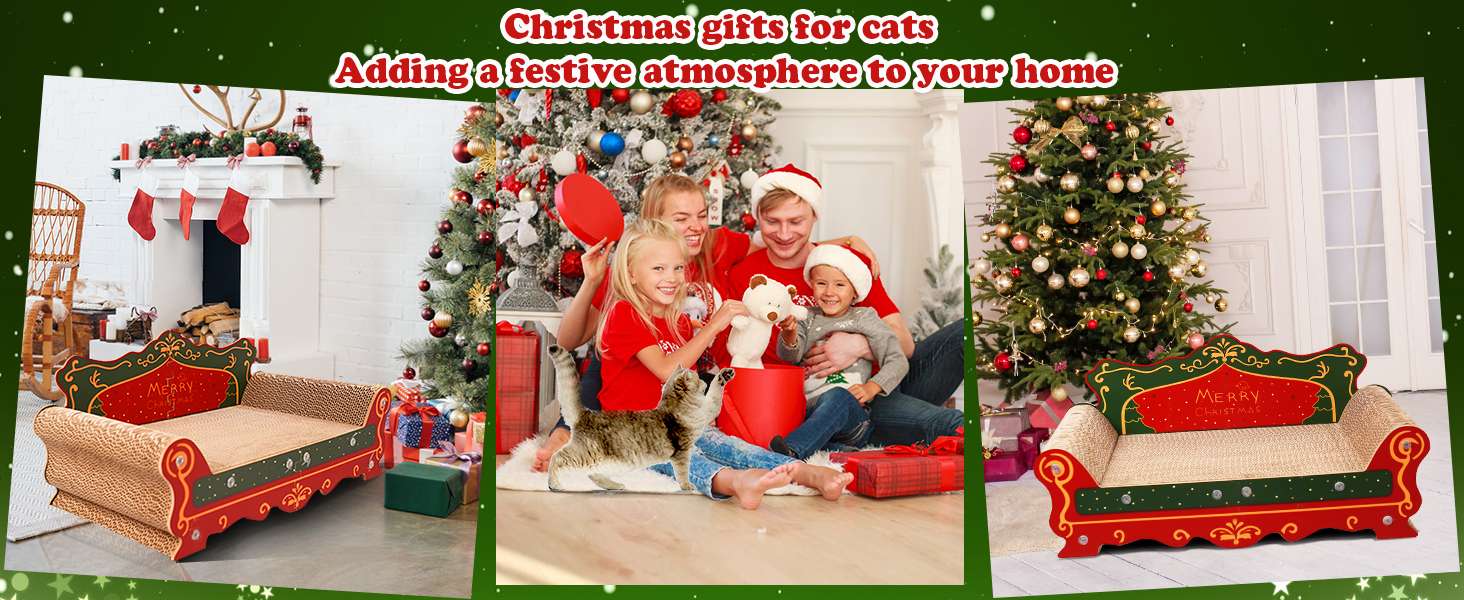 Sofá rascador de cartón corrugado de alta densidad (58x31x27 cm). Diseño temático navideño para descanso y rascado.