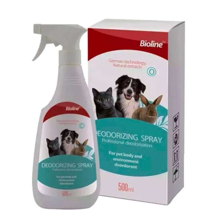Spray Desodorante Bioline 500 ml. Neutralizador de olores enzimático para uso directo en perros, gatos, conejos y ambientes del hogar.