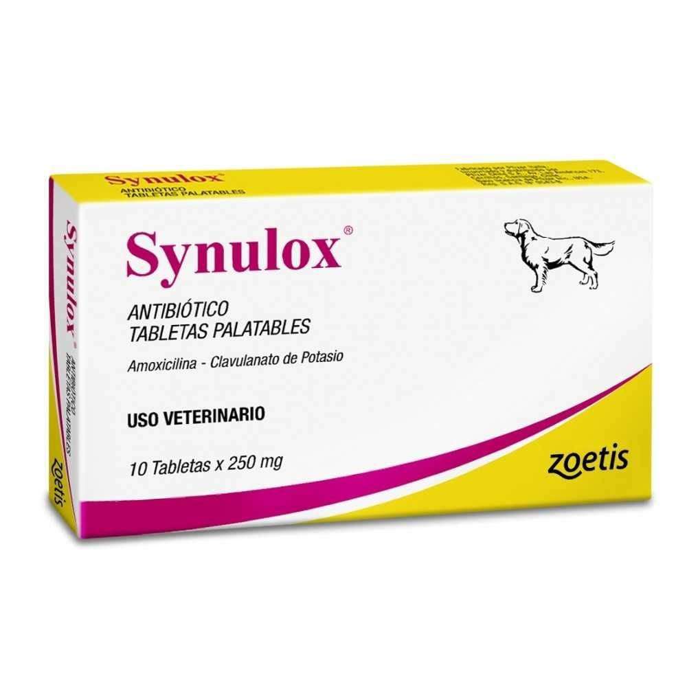 Synulox 250 mg. Antibiótico veterinario con Amoxicilina y Clavulanato. Comprimidos palatables para perros y gatos.