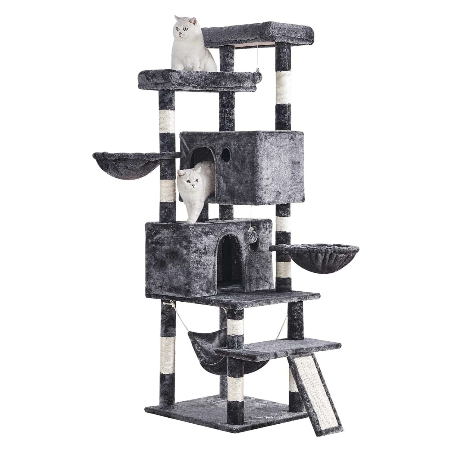 Torre rascador de gran tamaño (ciento setenta centimetros) con doble condominio y kit anti-puntas para la seguridad de gatos multiples.