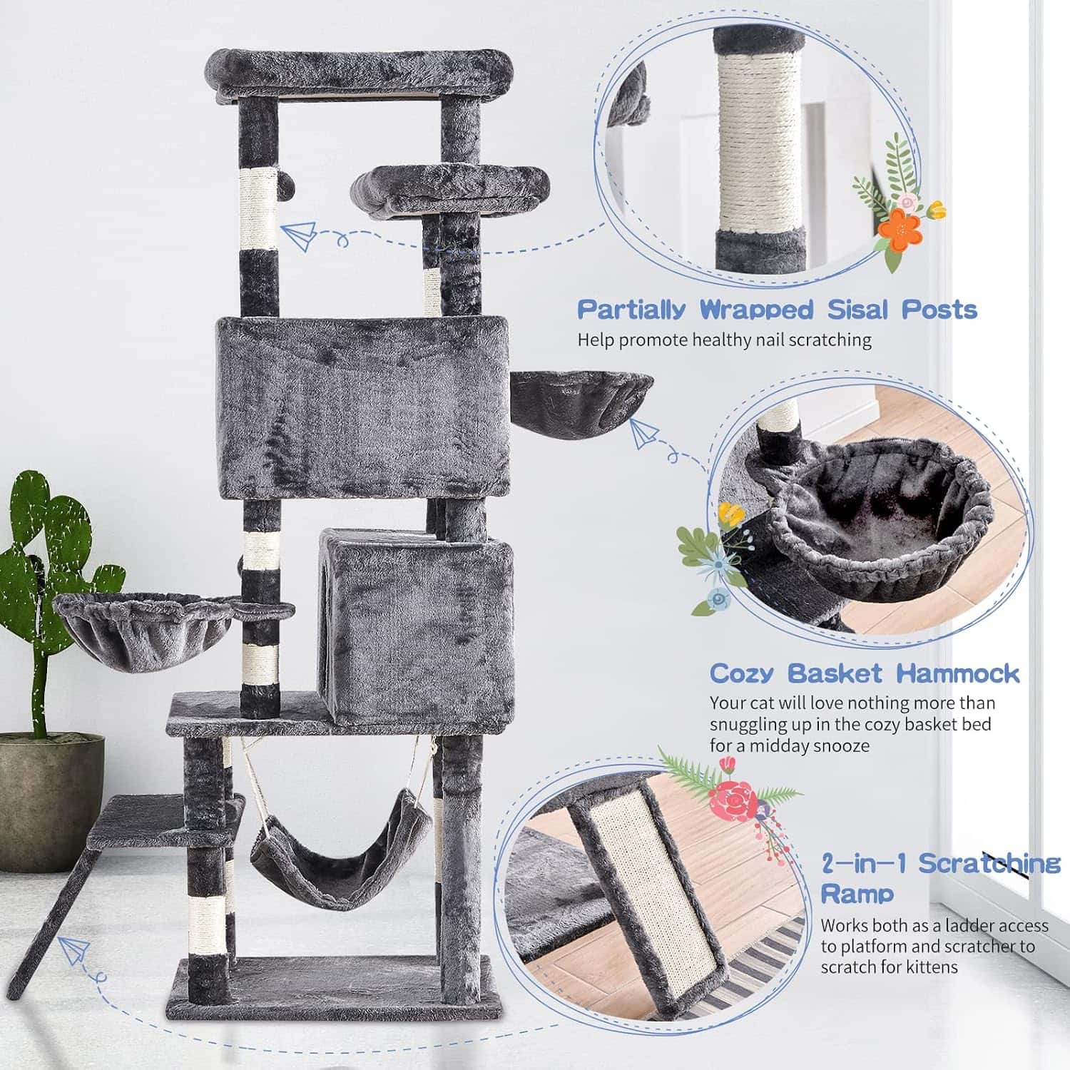 Torre rascador de gran tamaño (ciento setenta centimetros) con doble condominio y kit anti-puntas para la seguridad de gatos multiples.