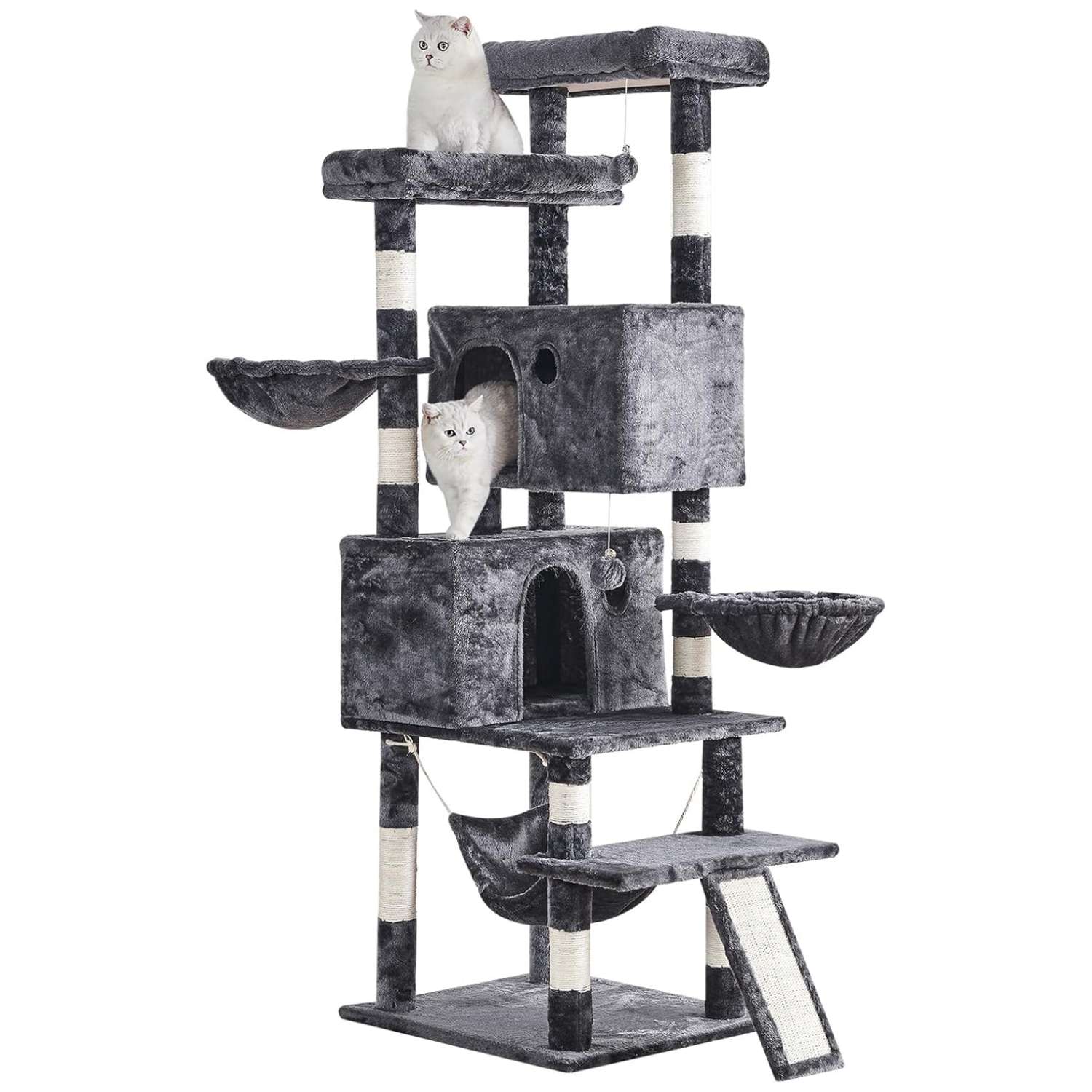 Torre rascador de gran tamaño (ciento setenta centimetros) con doble condominio y kit anti-puntas para la seguridad de gatos multiples.