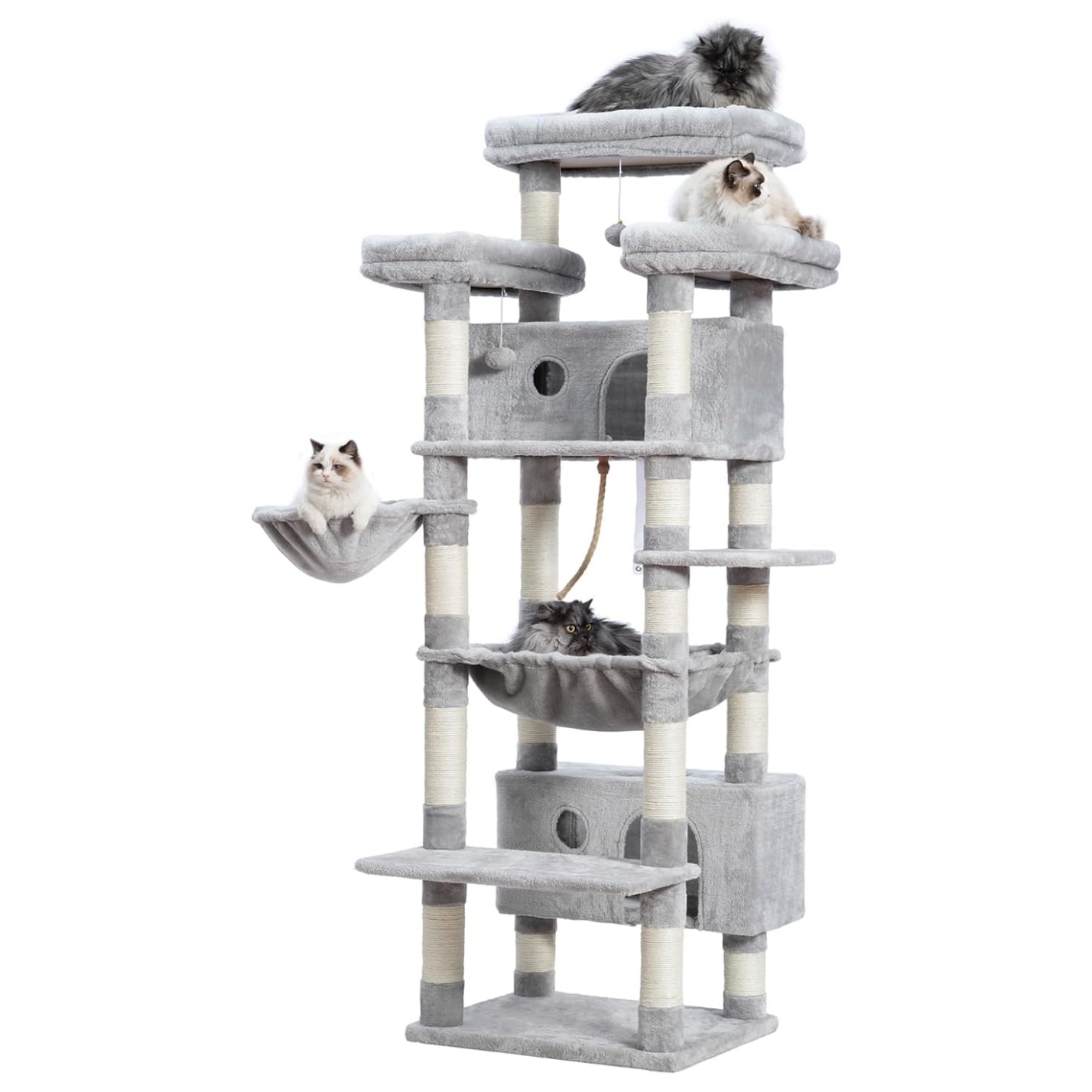 Torre rascador de gran tamaño (ciento ochenta y ocho centimetros). Tres perchas amplias, condominios grandes y kit anti-vuelco.